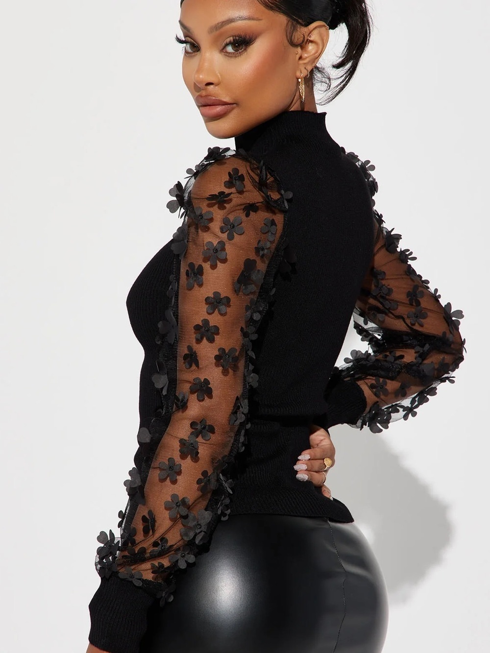 Absolutely Fabulous Black 3D Floral Mesh Sleeve Top Medium